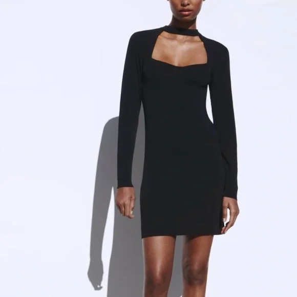 slim fit dress slacks Zara Women's Black Long Sleeve Boat Neck Formal Fitted Mini Sheath Dre –  Brie main image 0